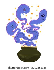 Halloween vector illustration. Сomposition with potion cauldron, ghosts. Posters and prints for tee, flat art, cartoon style