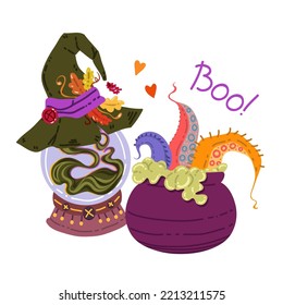 Halloween vector illustration. Сomposition with potion cauldron, mystical magic ball, witch hat. Posters and prints for tee, flat art, cartoon style