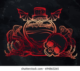 Halloween. Vector illustration. Potion, skull, mushrooms, bones. Handmade, prints on T-shirts, background chalkboard, tattoos, Red, pink, yellow color