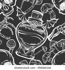 Halloween. Vector illustration. Potion, skull, mushrooms, bones. Handmade, prints on T-shirts, background gray, tattoos. seamless pattern