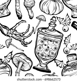 Halloween. Vector illustration. Potions, mushrooms, pumpkin, bones. Handmade, prints on T-shirts, background white, tattoos, seamless pattern