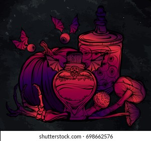 Halloween. Vector illustration. Potions, mushrooms, pumpkin, bones. Handmade, prints on T-shirts, background chalkboard, tattoos,Violet blue pink colors