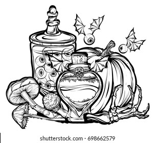Halloween. Vector illustration. Potions, mushrooms, pumpkin, bones. Handmade, prints on T-shirts, background white, tattoos