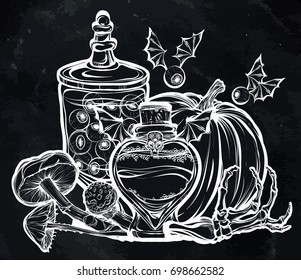 Halloween. Vector illustration. Potions, mushrooms, pumpkin, bones. Handmade, prints on T-shirts, background chalkboard, tattoos