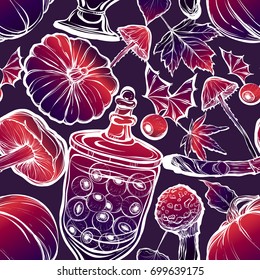 Halloween. Vector illustration. Potions, mushrooms, pumpkin. Handmade, prints on T-shirts, background purple, tattoos, seamless pattern, Violet blue pink colors