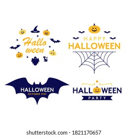 Halloween vector illustration with pumpkin, bat, witch hat, scary face, spider, ghost. Halloween Party. Happy Halloween vector lettering. 