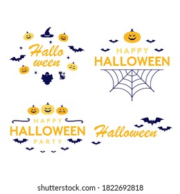 Halloween vector illustration with pumpkin, bat, witch hat, scary face, spider, ghost. Halloween Party. Happy Halloween vector lettering.