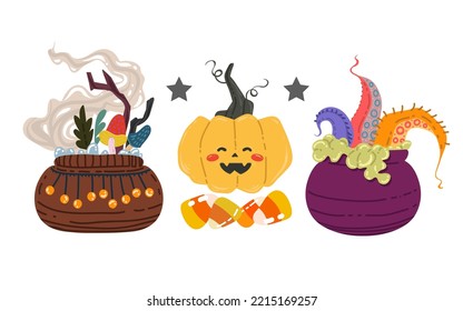 Halloween vector illustration. Сomposition with pumpkin, cauldrons with magic potion. Posters and prints for tee, flat art, cartoon style