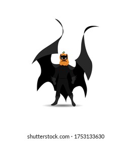 Halloween vector illustration. Pumpkin character in a black bat suit and a mask on his face on a white background.