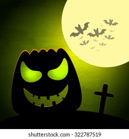 Halloween vector illustration with pumpkin and dark landscape