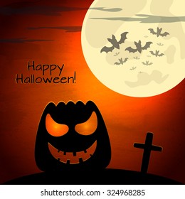 Halloween vector illustration with pumpkin and dark landscape