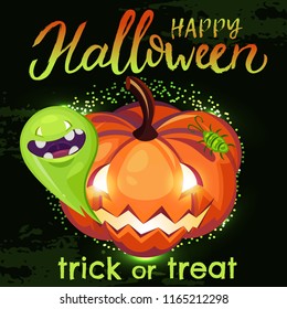 Halloween vector illustration with pumpkin and ghost. Lettering Happy Halloween and Trick or treat.  Can use for party invitation, greeting card, banner, web, kids zone.