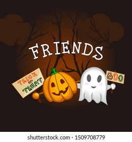 Halloween vector illustration. Pumpkin and ghosts. Template for posters, cards, textiles and other uses.