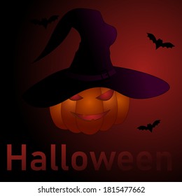 Halloween. Vector illustration. Pumpkin head in the twilight. Background, signature for Halloween. Bats, witch hat