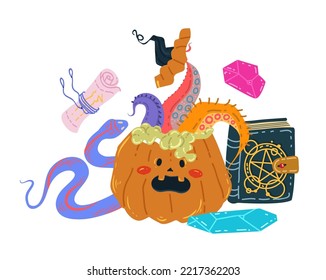 Ilustración vectorial de Halloween. С composición con calabaza, serpiente, libro mágico, cristales. Carteles e impresiones para tee, arte plano, estilo de dibujos animados