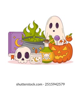 Ilustración vectorial de Halloween. Calabaza con dulces, caldero y botella con poción mágica, libro de hechizos, fantasma, vela, cráneo. Tarjeta cuadrada para redes sociales, impresa, pegatina. Composición aterradora y espeluznante