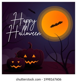 Halloween - vector illustration with pumpkins, bats, full yellow moon and creepy trees on a dark background. Square template for a website, banner, flyer, poster.