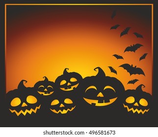 Halloween vector illustration with pumpkins, bats and place for a text. Halloween background card.