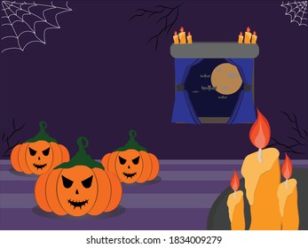 Halloween vector illustration with pumpkins and candles also bats flying outside the window.