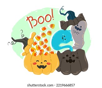 Halloween vector illustration. Сomposition with pumpkins, candy corn, ghosts. Posters and prints for tee, flat art, cartoon style
