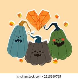 Halloween vector illustration. Сomposition with pumpkins, crystal heart. Posters and prints for tee, cartoon style, flat art