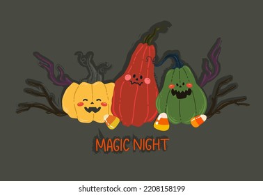Ilustración vectorial de Halloween. С con calabazas y ramas secas, maíz dulce. Afiches e impresiones para el té, estilo de dibujos animados