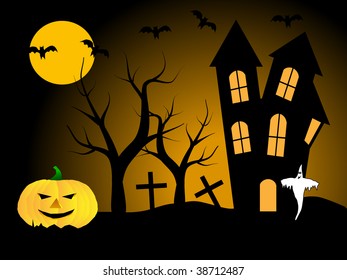 A halloween vector illustration with pumpkins in front of a haunted house