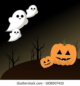 Halloween vector illustration with pumpkins, ghosts and scary trees
