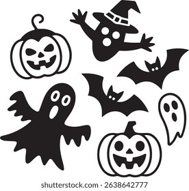 Halloween Vector Illustration with Pumpkins Ghosts and Bats in Black and White