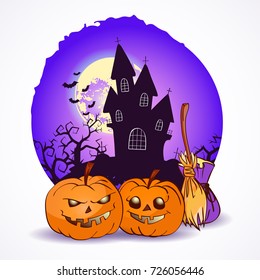 Halloween vector illustration with pumpkins heads, bag and broom  on the night sky background of the full moon, snags and gloomy castle.