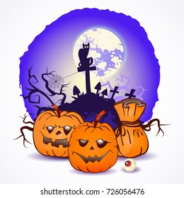 Halloween vector illustration with pumpkins heads and bag on the night sky background of the full moon, snags and graves with crosses.