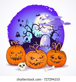 Halloween vector illustration with pumpkins heads and skull on the night sky background of the full moon, snags and graves with crosses.