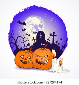 Halloween vector illustration with pumpkins heads and candles on the night sky background of the full moon, snags and graves with crosses.