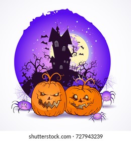 Halloween vector illustration with pumpkins heads and spiders on the night sky background of the full moon, snags and gloomy castle.