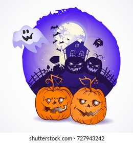 Halloween vector illustration with pumpkins heads and ghost on the night sky background of the full moon, snags and abandoned house.