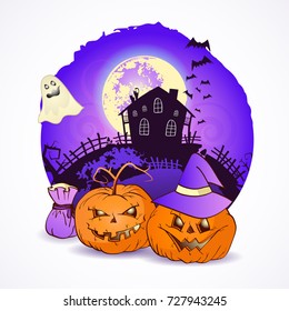 Halloween vector illustration with pumpkins heads, witch hat and bag on the night sky background of the full moon, snags and abandoned house.