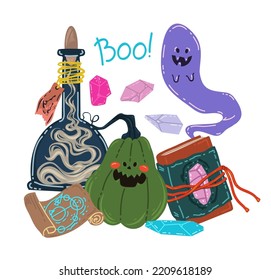 Halloween vector illustration. Сomposition with pumpkins, magic potion, spell book, scroll, ghost. Posters and prints for tee, flat art, cartoon style