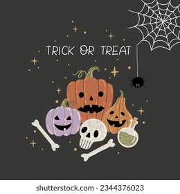 
Halloween vector illustration with pumpkins and skulls. Composition for a poster or postcard.