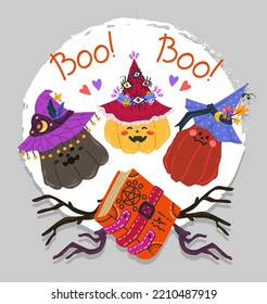Halloween vector illustration. Сomposition with pumpkins in witch hats, witchcraft book. Posters and prints for tee, flat art, cartoon style