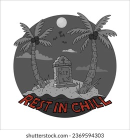 Halloween vector illustration in retro cartoon style with grave at the beach, night moon, palms and bats. Rest in chill phrase on background. Summer horror tropical vibe hand drawn illustration