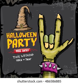 Halloween vector illustration with rock n roll zombie hand and halloween objects. vector halloween party creative concept invitation or poster. halloween cartoon banner.