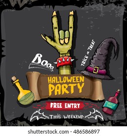 Halloween vector illustration with rock n roll zombie hand and halloween objects. vector halloween party creative concept invitation or poster. halloween cartoon banner.