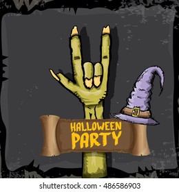 Halloween vector illustration with rock n roll zombie hand and halloween objects. vector halloween party creative concept invitation or poster. halloween cartoon banner.