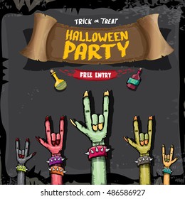 Halloween vector illustration with rock n roll zombie hand and halloween objects. vector halloween party creative concept invitation or poster. halloween cartoon banner.