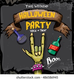 Halloween vector illustration with rock n roll zombie hand and halloween objects. vector halloween party creative concept invitation or poster. halloween cartoon banner.