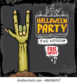 Halloween vector illustration with rock n roll zombie hand and halloween objects. vector halloween party creative concept invitation or poster. halloween cartoon banner.