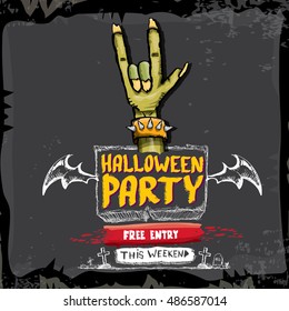 Halloween vector illustration with rock n roll zombie hand and halloween objects. vector halloween party creative concept invitation or poster. halloween cartoon banner.