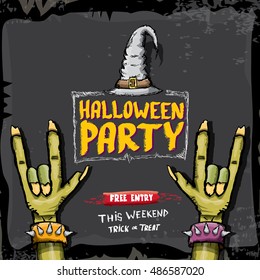 Halloween vector illustration with rock n roll zombie hand and halloween objects. vector halloween party creative concept invitation or poster. halloween cartoon banner.