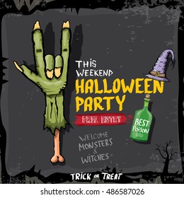 Halloween vector illustration with rock n roll zombie hand and halloween objects. vector halloween party creative concept invitation or poster. halloween cartoon banner.