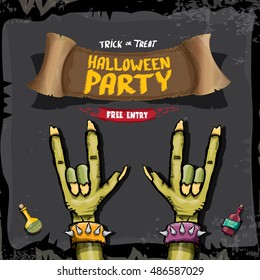 Halloween vector illustration with rock n roll zombie hand and halloween objects. vector halloween party creative concept invitation or poster. halloween cartoon banner.